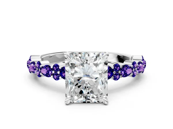 Radiant Cut Diamond Side Stone Solitaire Ring with Round Tanzanite and Four-Prong Setting Platinum