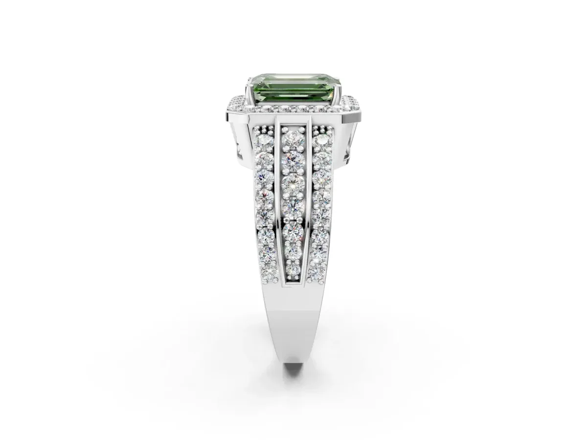 Fancy Green Emerald Cut Halo Diamond Ring with Round Split Shank and Prong Setting Silver