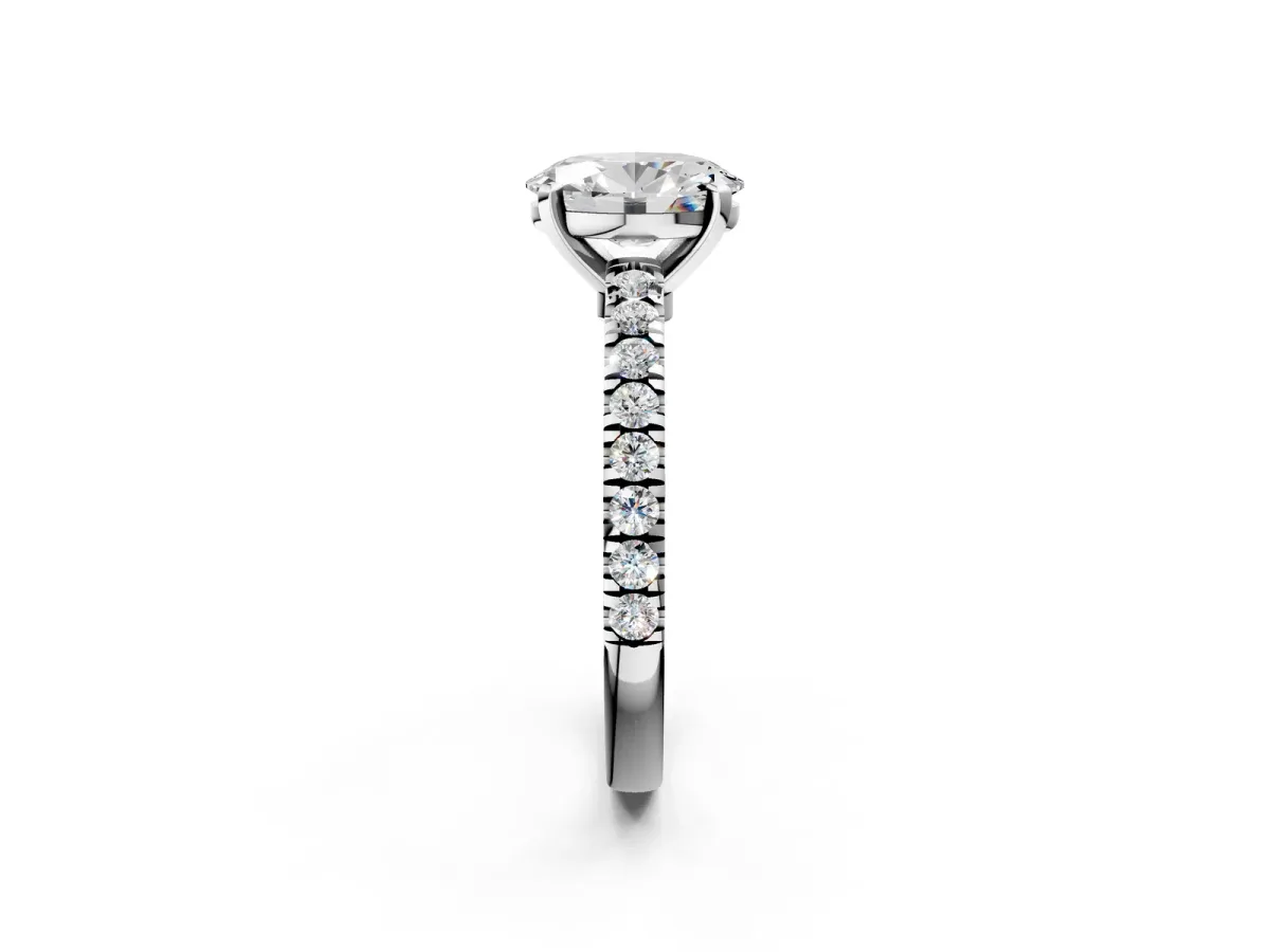 Oval Cut Solitaire Diamond with Pavé Band and Four-Prong Setting Silver