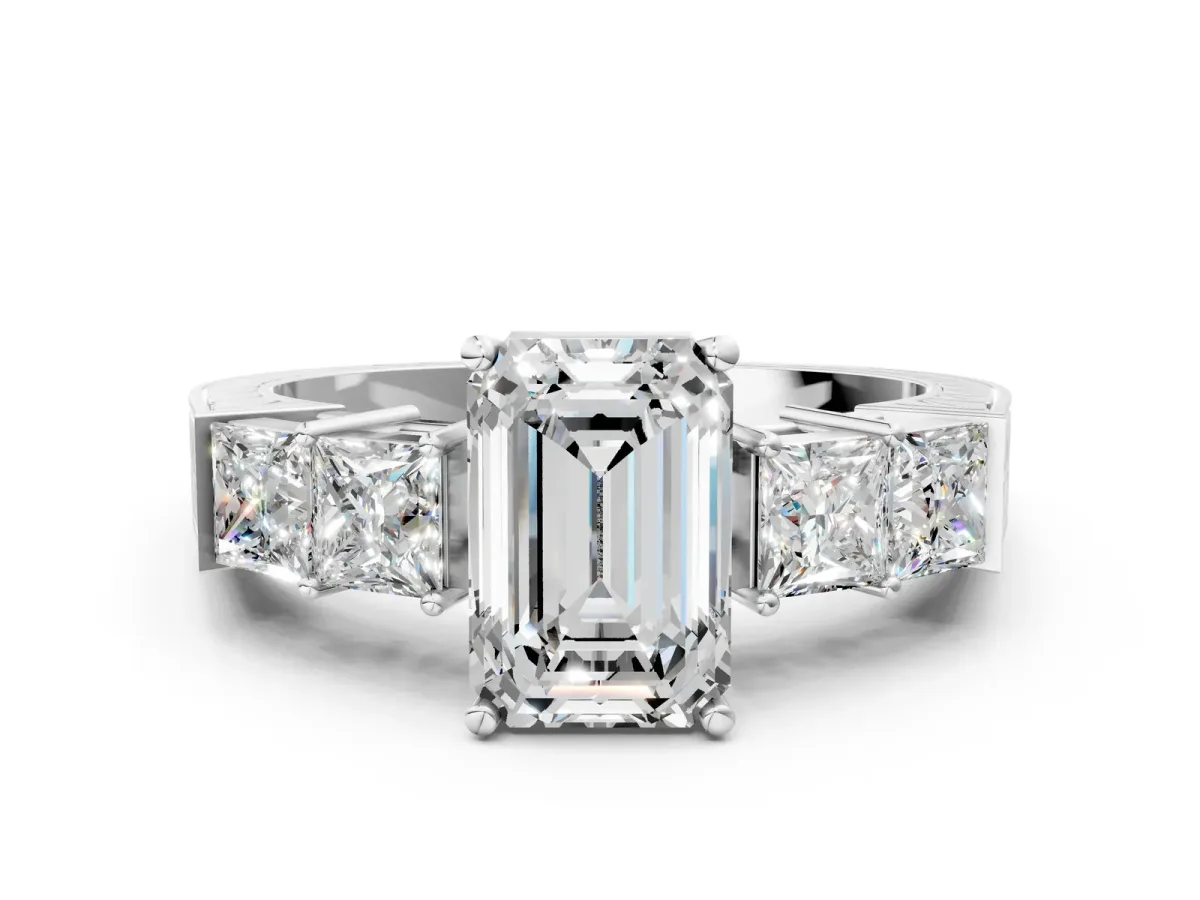 Emerald Cut Solitaire Princess Side Stone Engraved Band Prong Setting Ring Silver