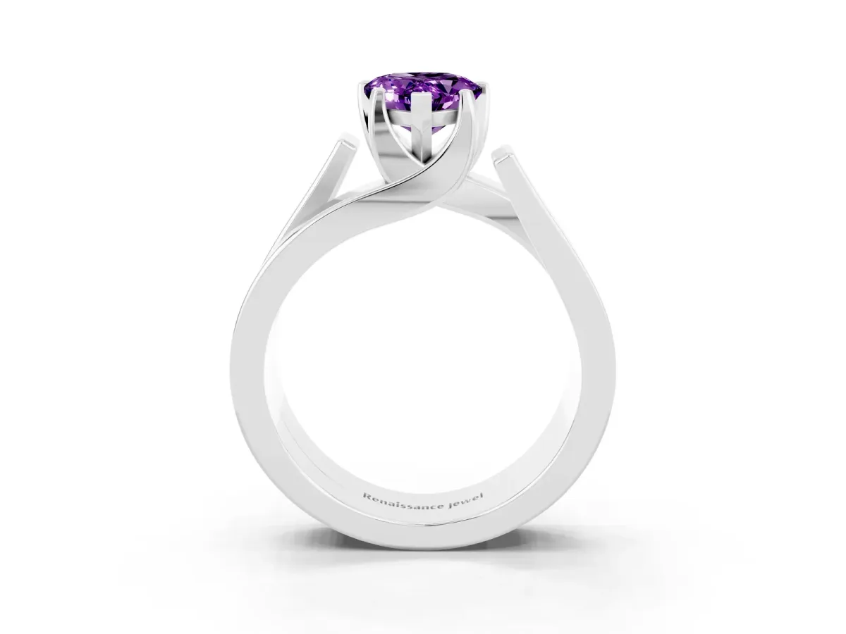 Modern Tension Set Pear Cut Amethyst Solitaire Wide Band Ring Silver