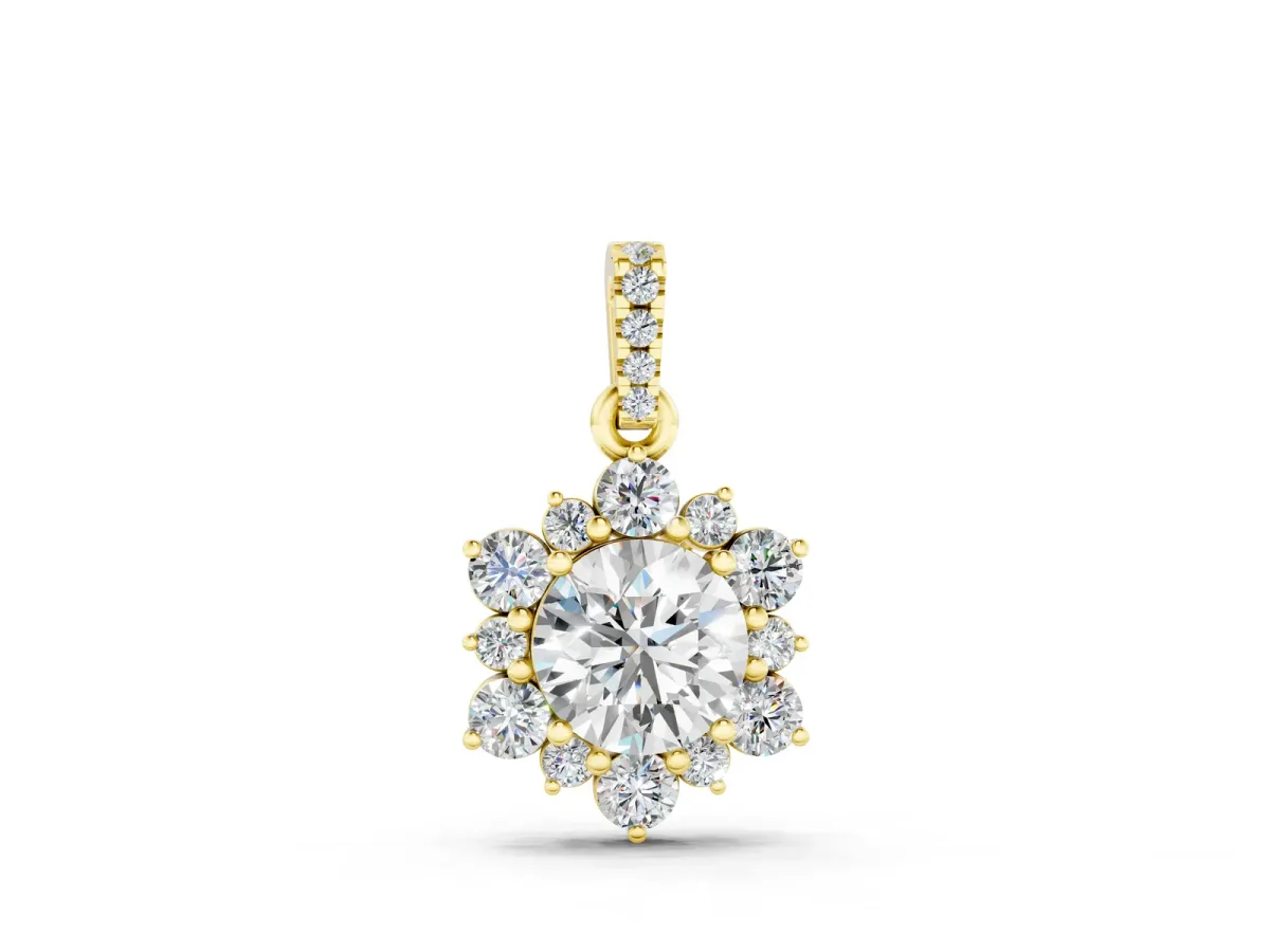 Round Brilliant Cluster Diamond Pendant with Prong Setting Yellow gold