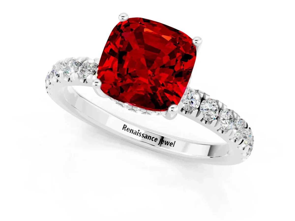 Cushion Cut Ruby Pave Band Solitaire Ring with Round and Prong Setting Platinum