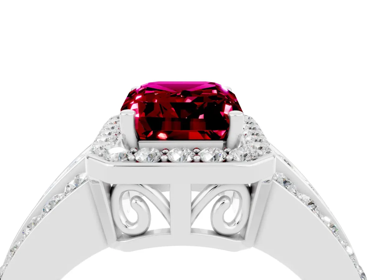 Emerald Cut Halo Garnet Ring with Round Split Shank and Prong Setting Silver