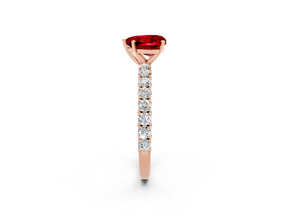 Heart Cut Ruby Solitaire Ring with Round Accent Pavé Band and Prong Setting Rose gold