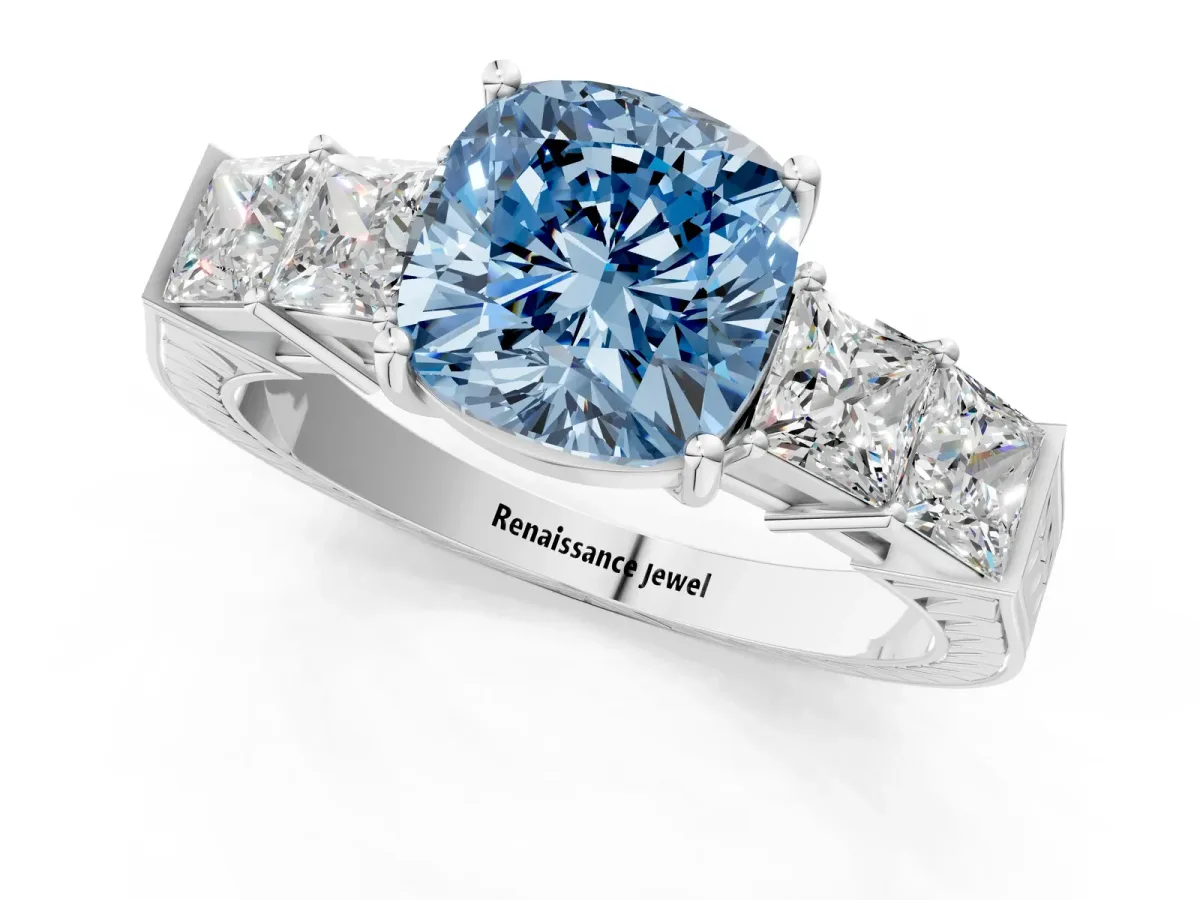 Fancy Blue Cushion Cut Solitaire Princess Side Stone Engraved Band Prong Setting Ring Platinum