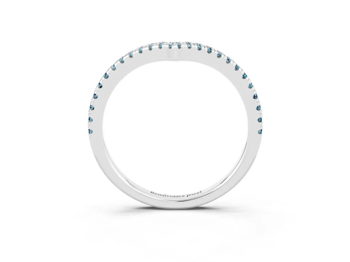 Pavé Round Aquamarine V-Shaped Chevron Band with Shared Prong Setting White gold