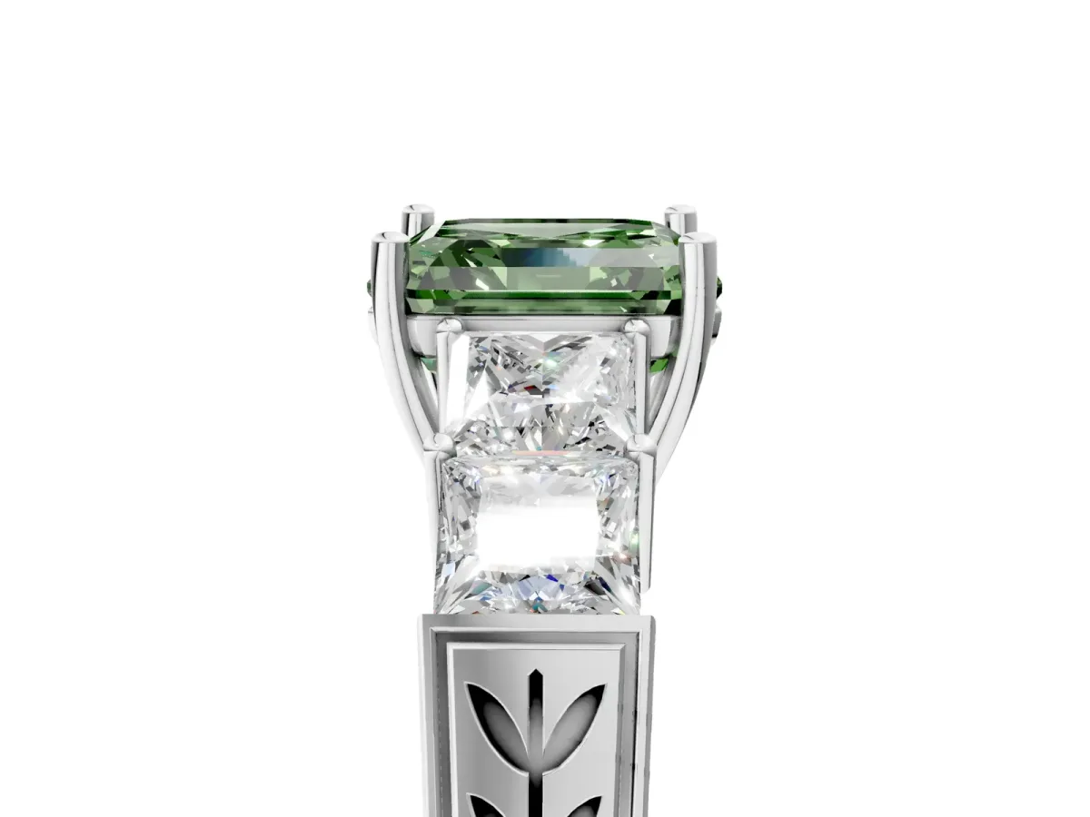 Fancy Green Asscher Cut Solitaire Princess Side Stone Engraved Band Prong Setting Ring Platinum