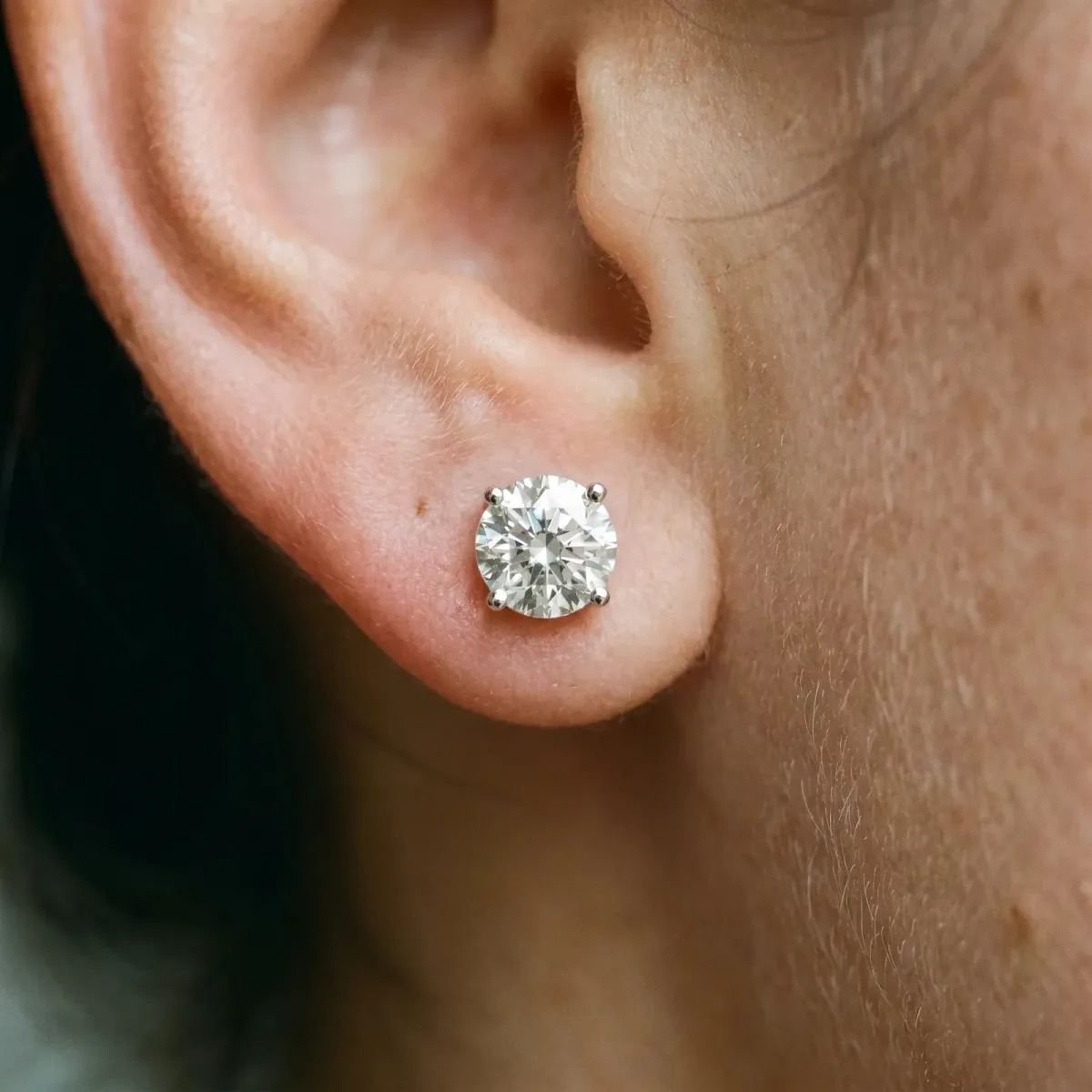 Round Solitaire Diamond Stud Earrings with Four-Prong Basket Setting Silver