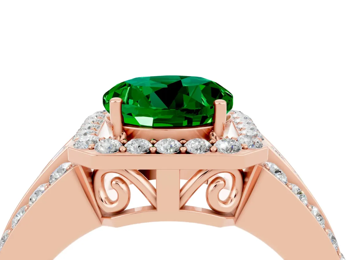Round Cut Halo Emerald Ring with Round Split Shank and Prong Setting Rose gold