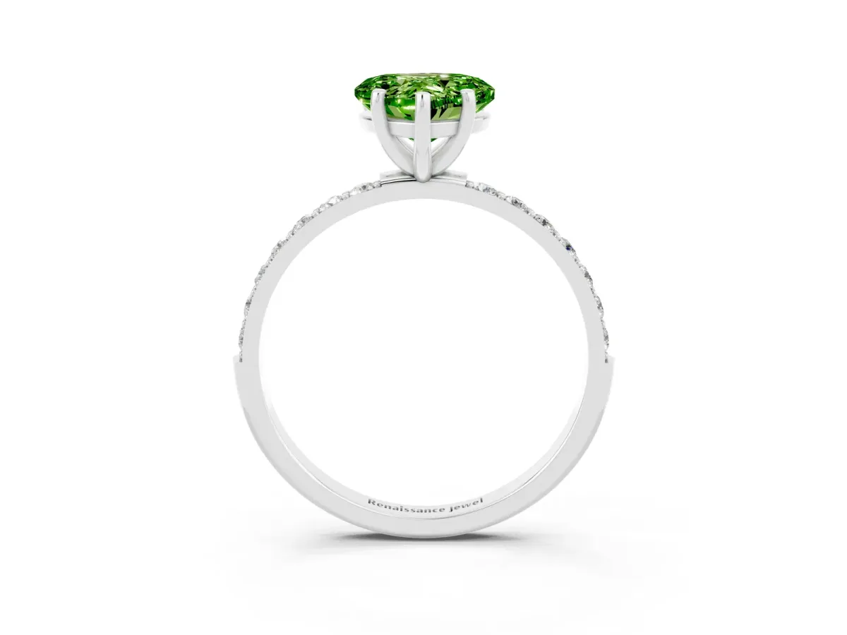 Heart Cut Peridot Solitaire Ring with Round Pavé Band and Prong Setting Silver