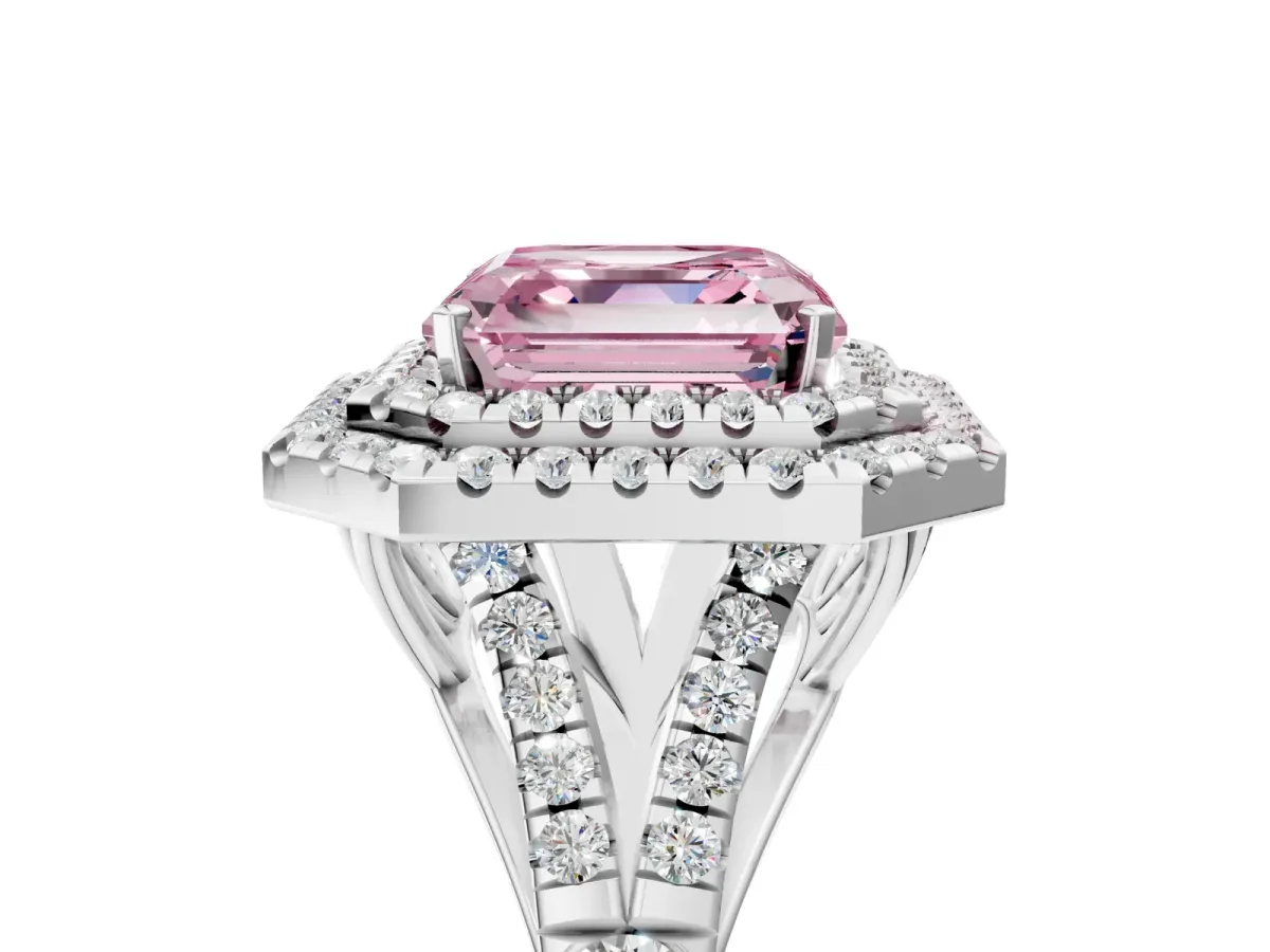 Fancy Pink Asscher Cut Diamond Double Halo Ring with Split Shank and Prong Setting Silver