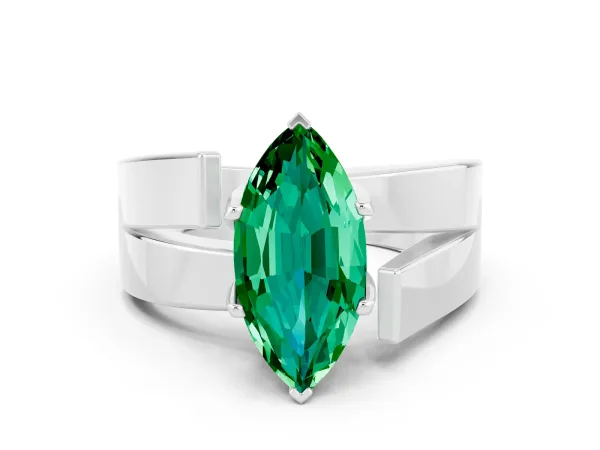 Modern Tension Set Marquise Cut Emerald Solitaire Wide Band Ring Silver