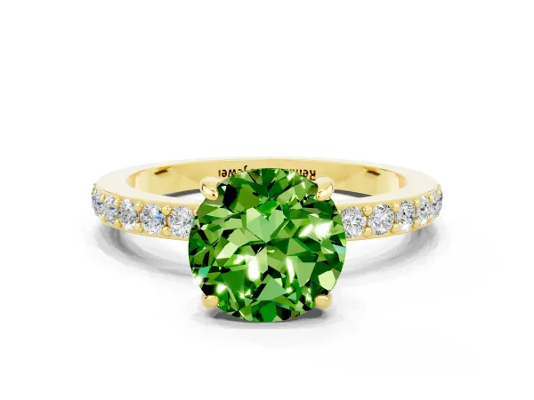 Round Cut Peridot Solitaire Engagement Ring with Pavé Band and Four-Prong Setting Yellow gold
