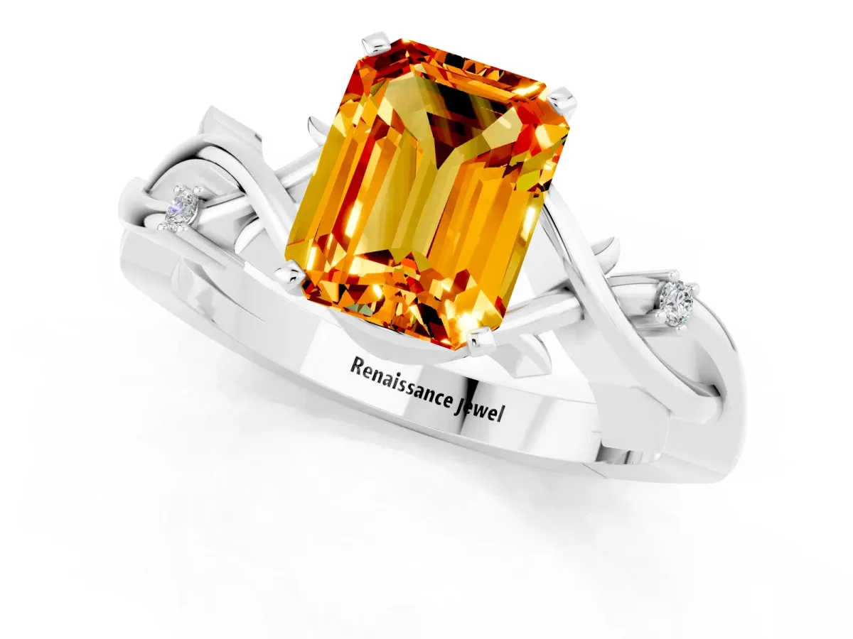 Emerald Cut Citrine Solitaire Ring with Twisted Band and Prong Setting White gold