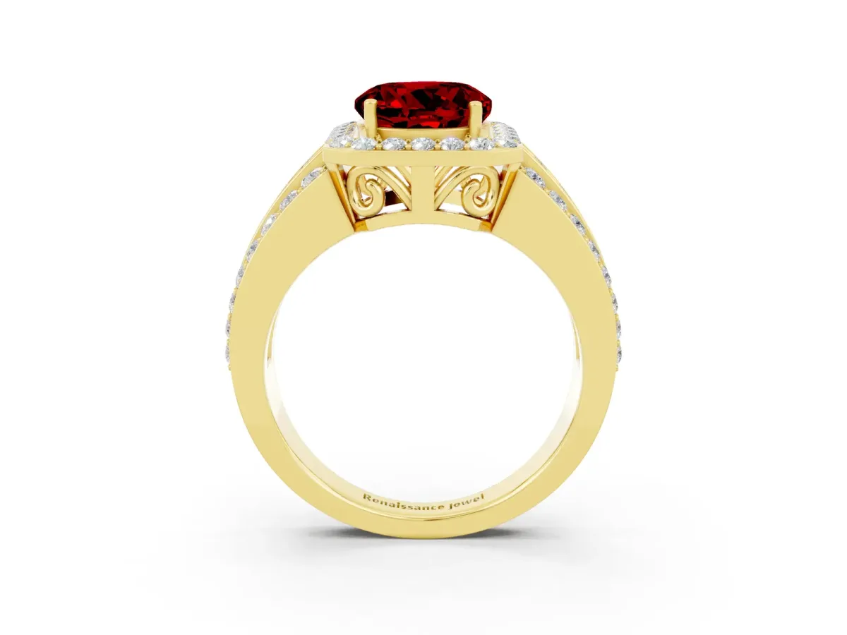 Round Cut Halo Ruby Ring with Round Split Shank and Prong Setting Yellow gold