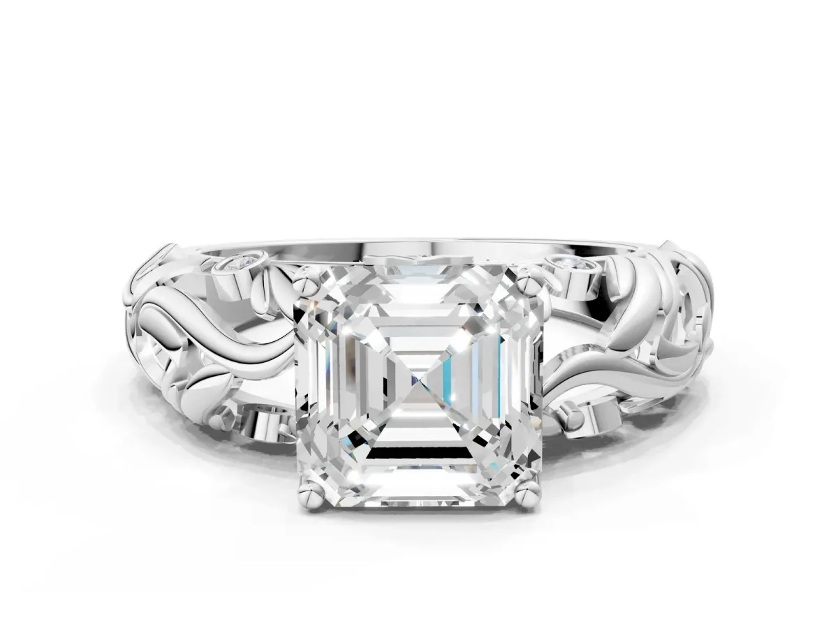 Asscher Cut Solitaire Diamond Leaf-Inspired Vine Band Ring with Prong Setting Platinum