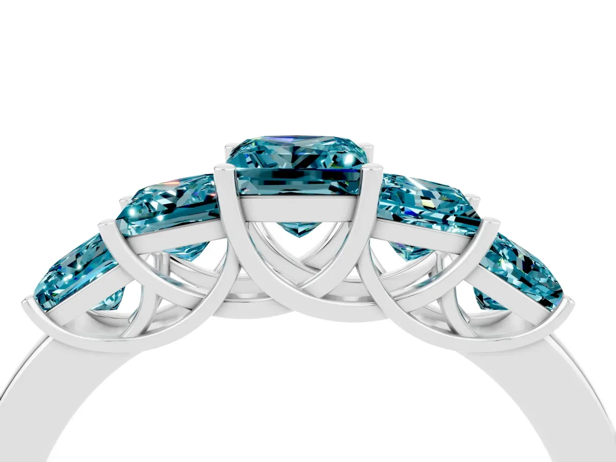 Princess Cut Five-Stone Blue Topaz Ring with Classic Prong Setting Platinum