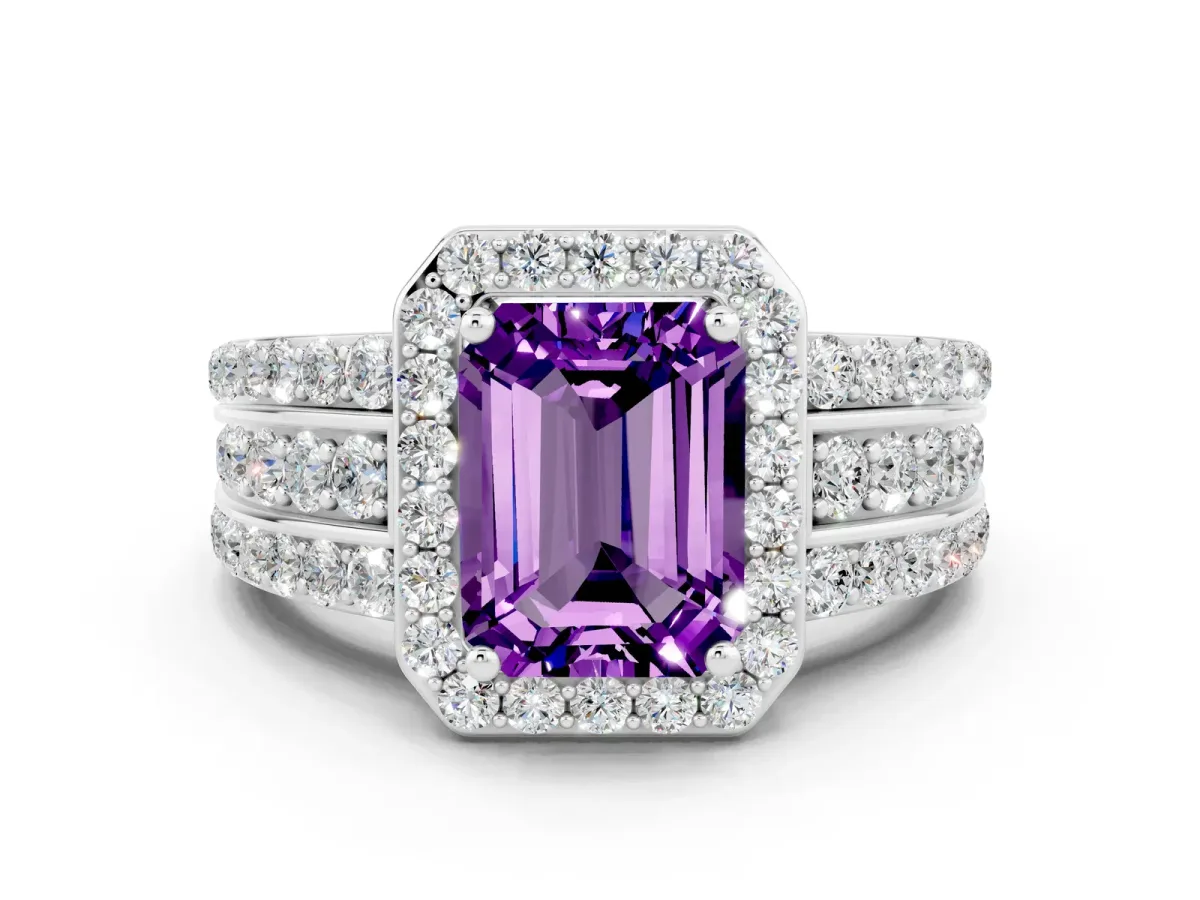 Emerald Cut Halo Amethyst Ring with Round Split Shank and Prong Setting Silver