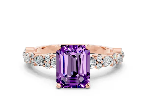 Emerald Cut Amethyst Side Stone Solitaire Ring with Round and Four-Prong Setting Rose gold