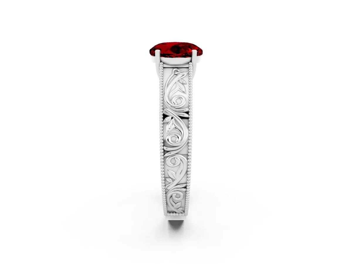 Round Cut Ruby Solitaire Ring with Engraved Band and Four-Prong Setting White gold