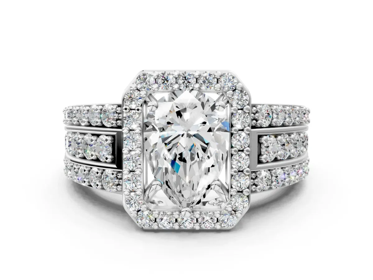 Pear Cut Halo Diamond Ring with Round Split Shank and Prong Setting Platinum