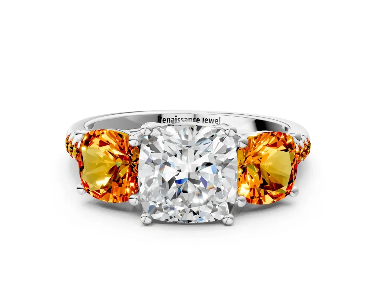 Three-Stone Cushion Cut Diamond Ring with Round Citrine Pavé Band and Prong Setting Silver