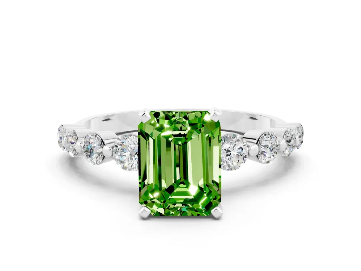 Emerald Cut Solitaire Peridot Ring with Pave Band and Four-Prong Setting Silver