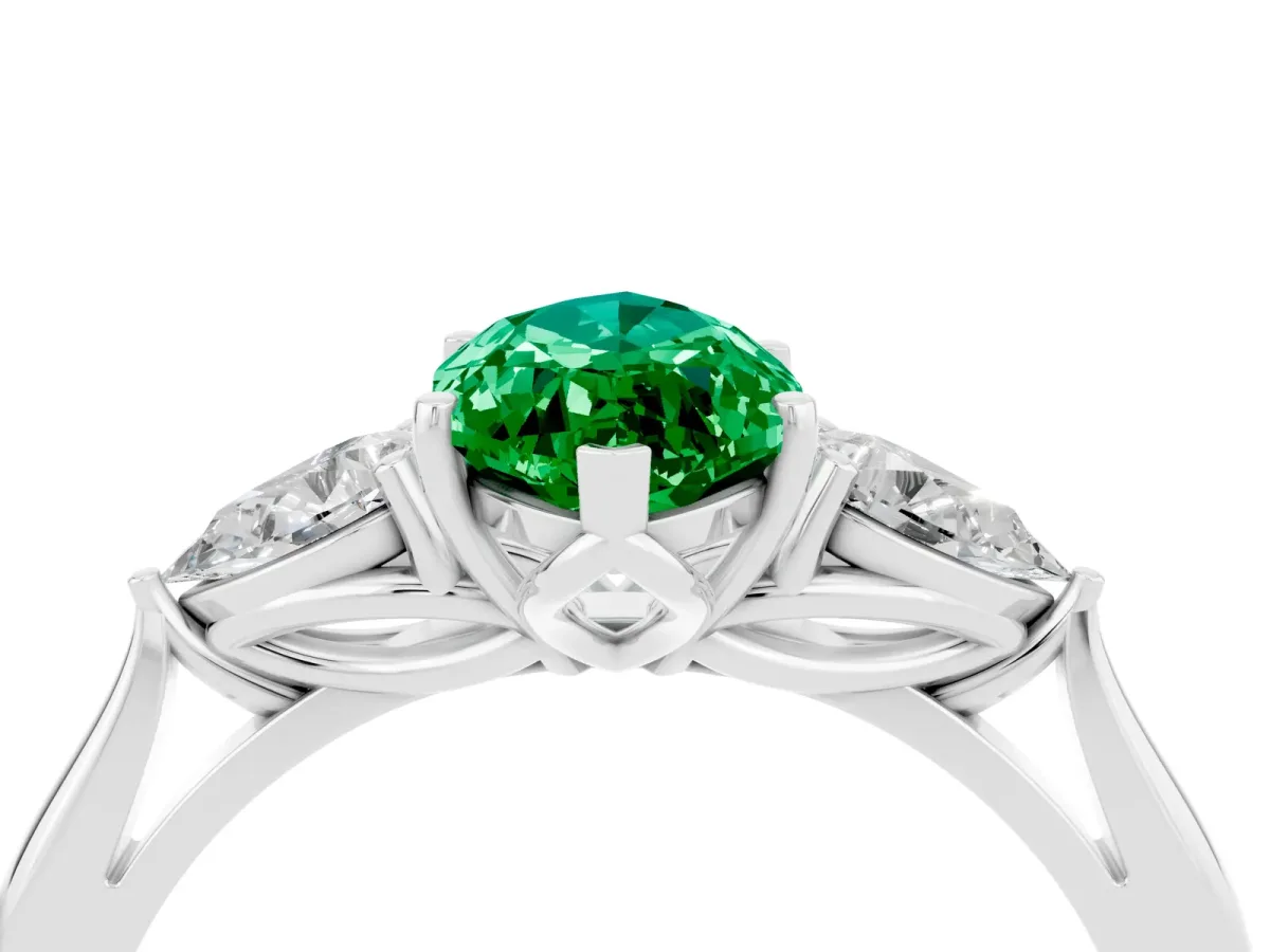 Marquise Cut Emerald Three-Stone Ring with Pear Side Stones and Prong Setting Silver