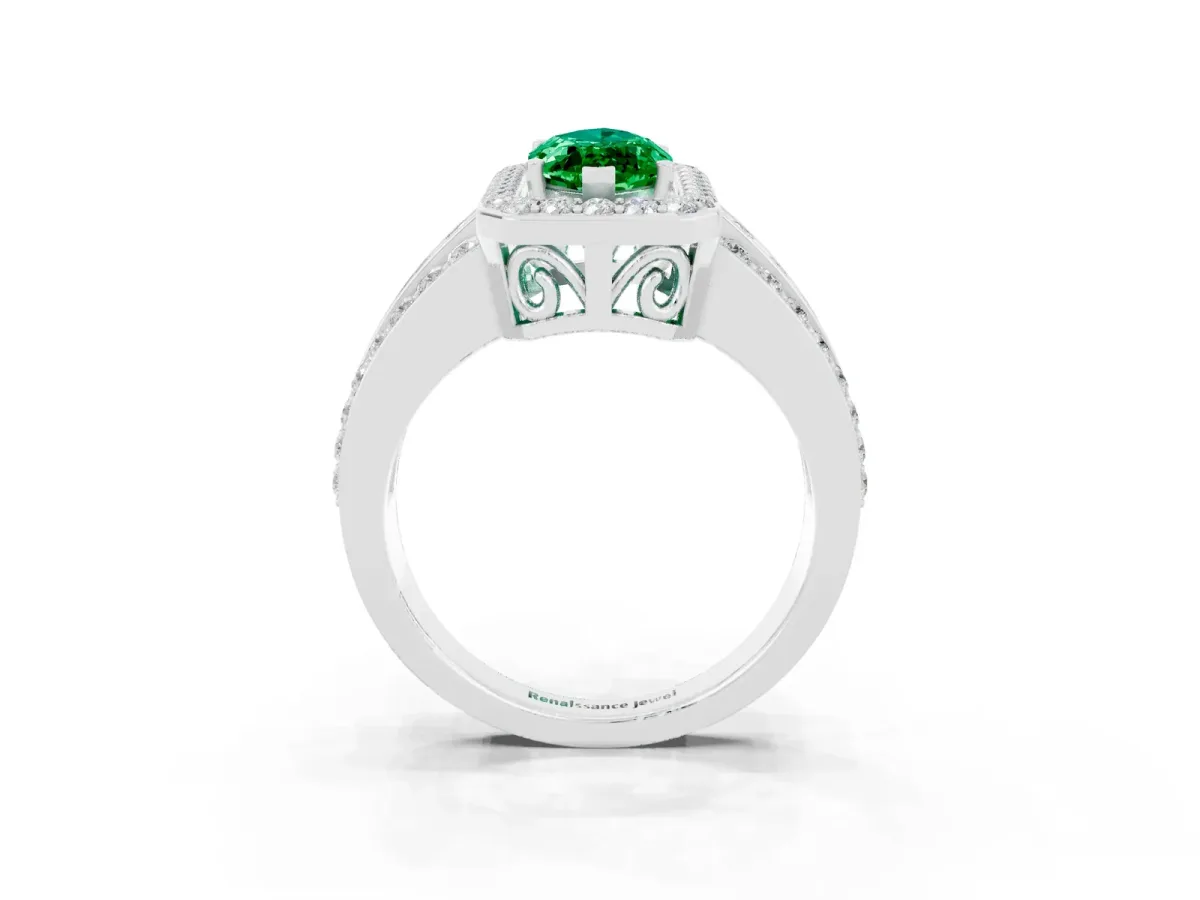 Marquise Cut Halo Emerald Ring with Round Split Shank and Prong Setting Platinum