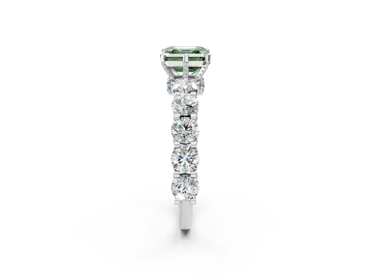 Fancy Green Asscher Cut Diamond Side Stone Engagement Ring with Four-Prong Setting White gold