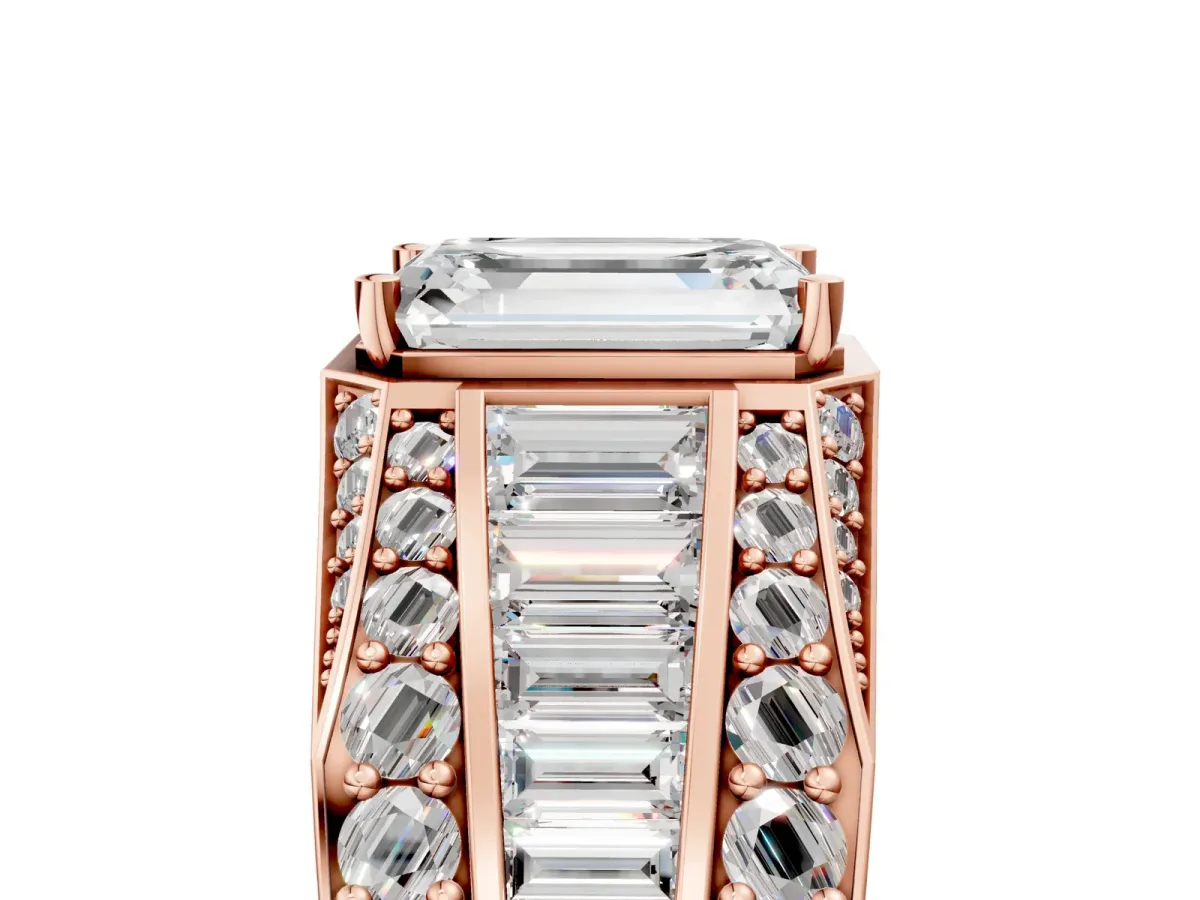Emerald Cut Diamond Mens Ring with Baguette Side Stones Rose gold