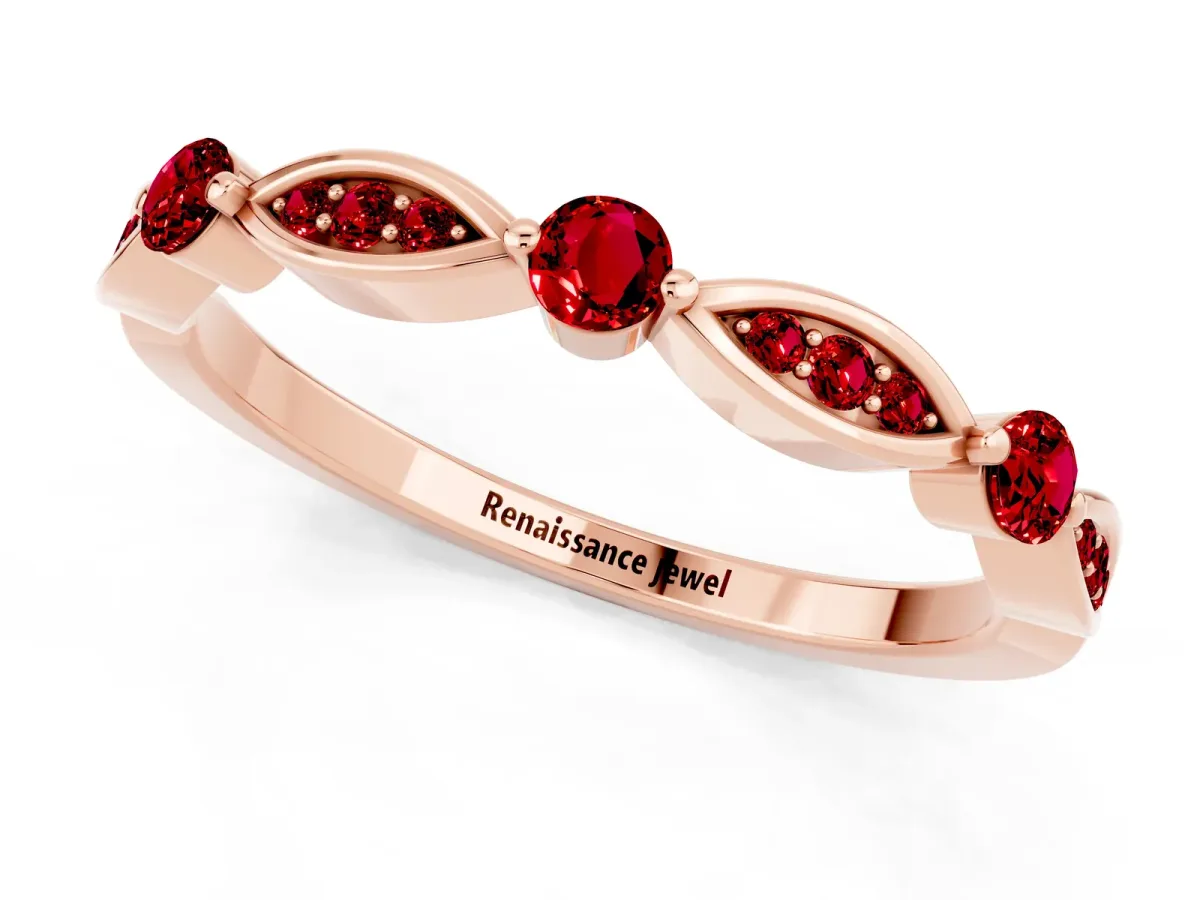 Marquise and Round Ruby Milgrain Band with Bezel Setting Rose gold