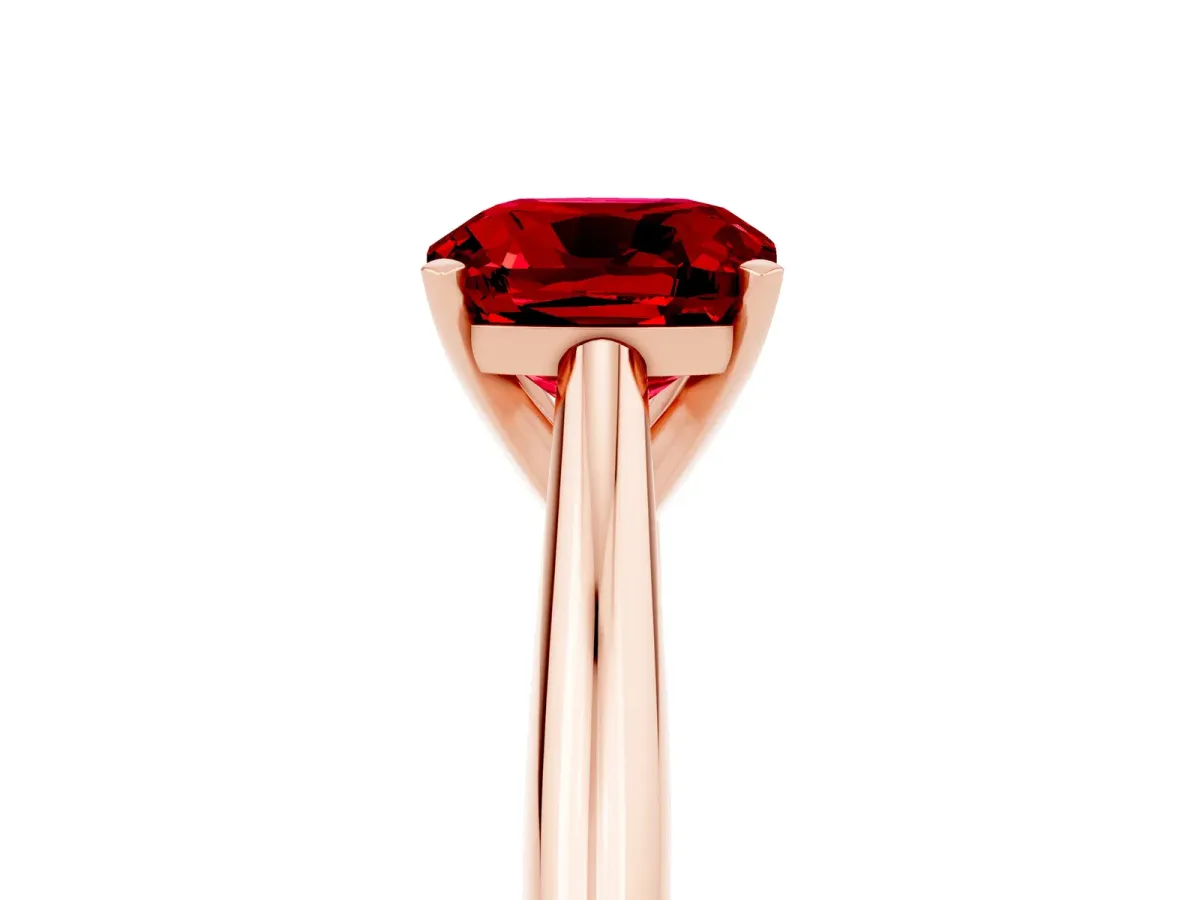 Cushion Cut Ruby Solitaire Engagement Ring with Cathedral Setting and Four-Prong Mount Rose gold