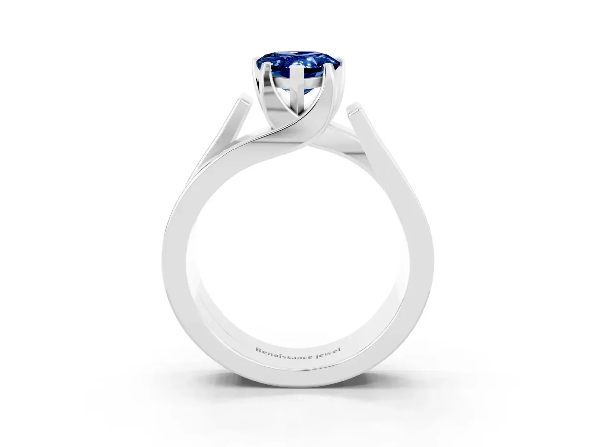 Modern Tension Set Pear Cut Blue Sapphire Solitaire Wide Band Ring Silver