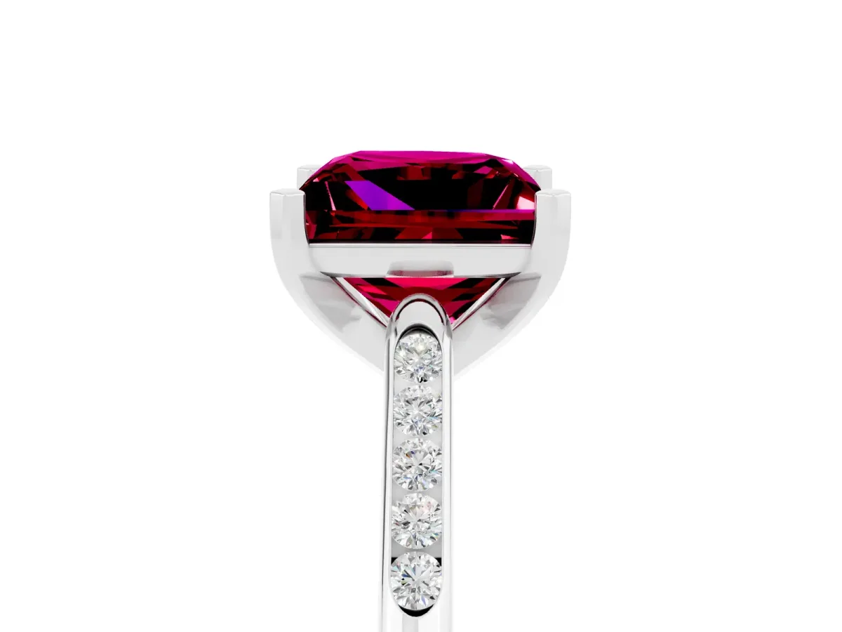 Princess Cut Garnet Solitaire Ring with Channel Set Round Band and Prong Setting Silver