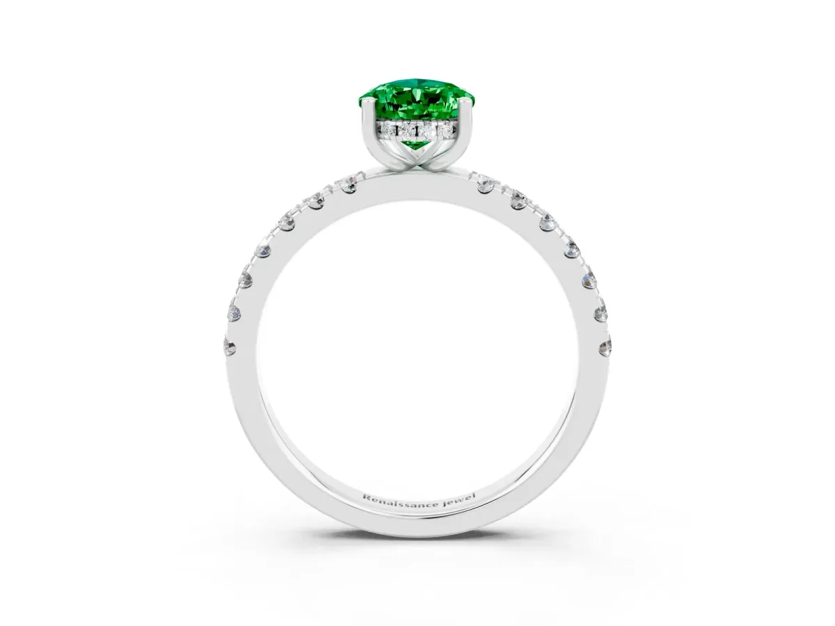 Pear Cut Emerald Pave Band Solitaire Ring with Round and Prong Setting White gold