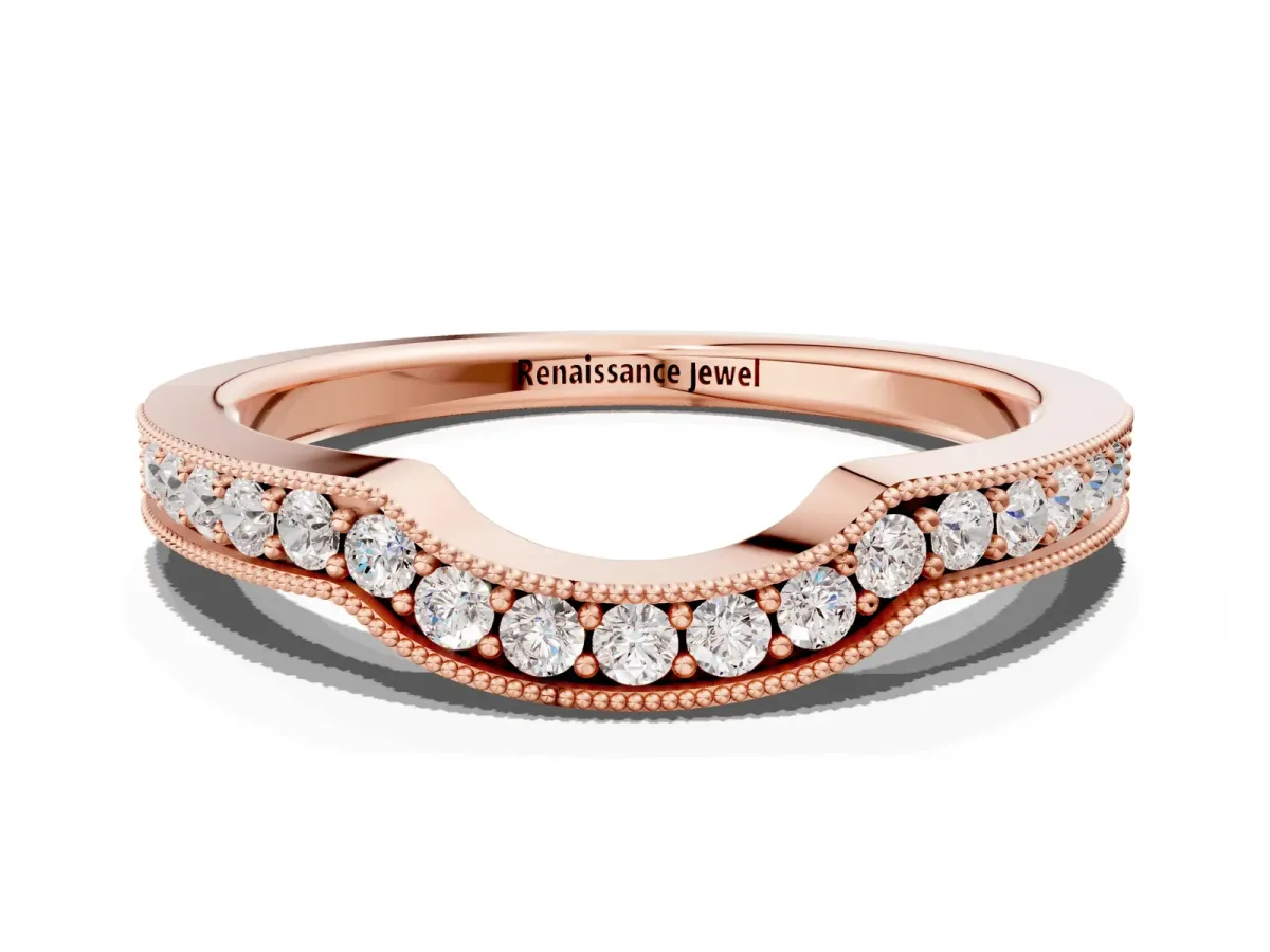Curved Round Diamond Band with Milgrain Pavé Setting Rose gold