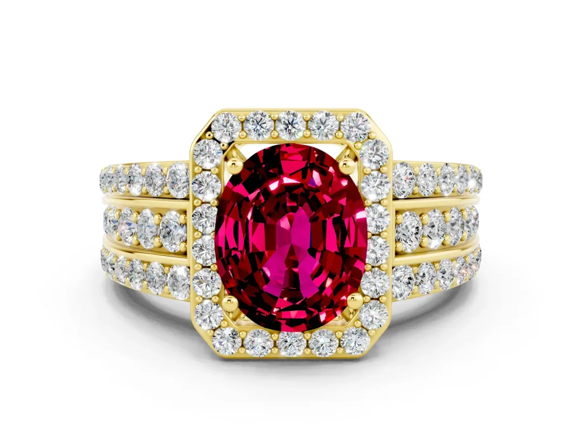 Oval Cut Halo Garnet Ring with Round Split Shank and Prong Setting Yellow gold