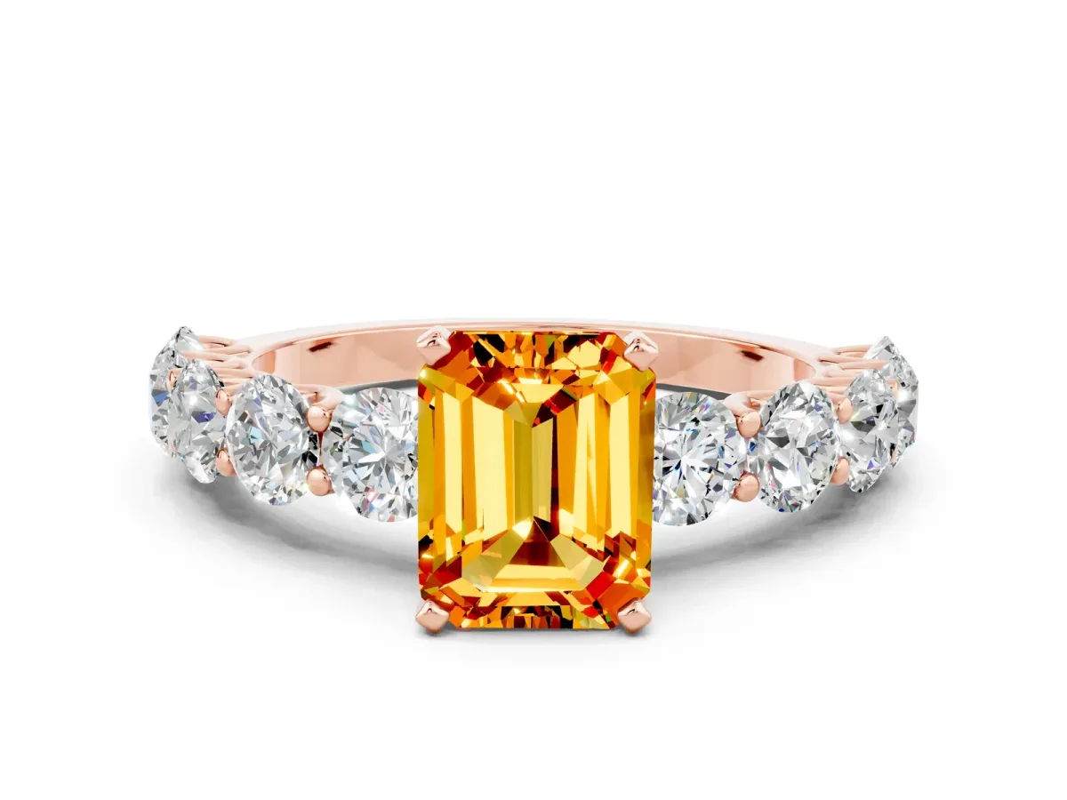 Emerald Cut Citrine Prong Setting with Side Stones on a Pave Band Rose gold