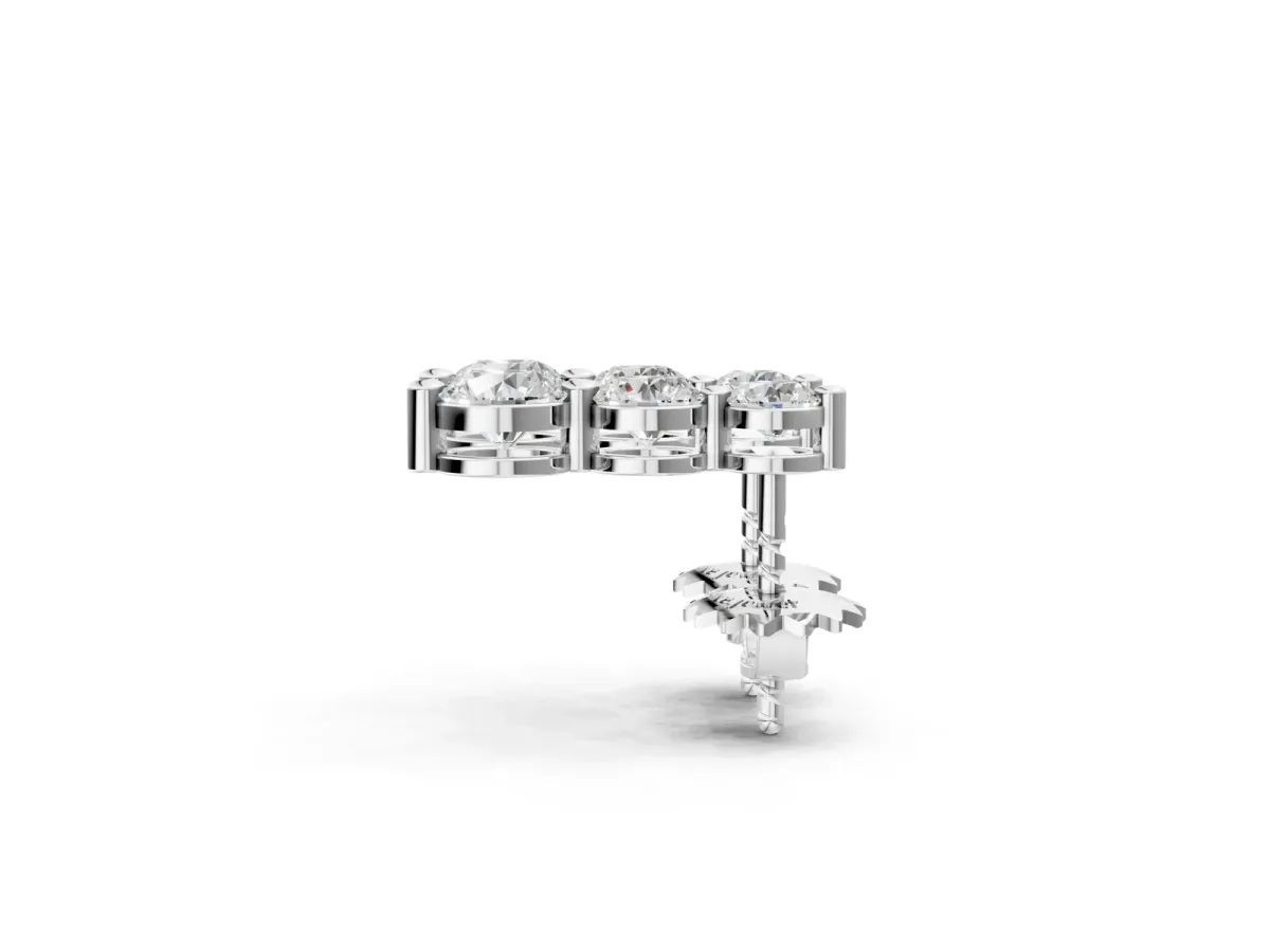 Three-Stone Round Diamond Drop Earrings with Prong Setting on White Gold Silver