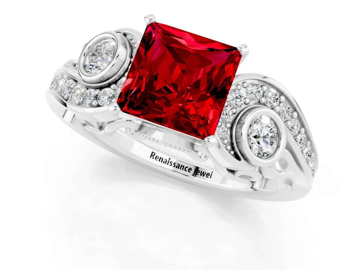 Princess Cut Ruby Solitaire Ring with Milgrain Pavé Band and Four-Prong Setting Platinum