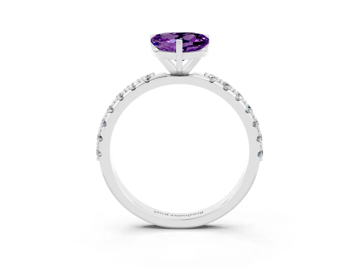 Heart Cut Amethyst Solitaire Pavé Band with Four-Prong Setting Silver