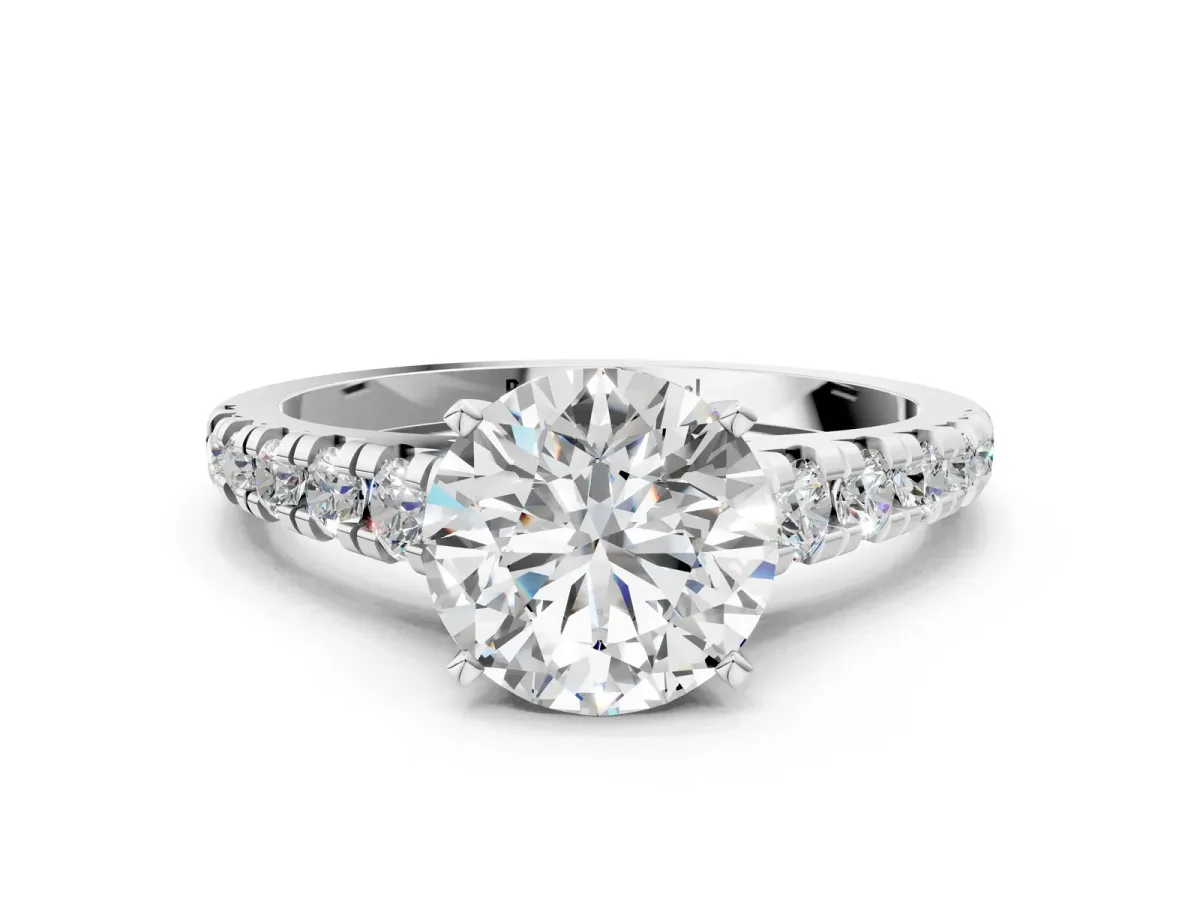 Round Cut Diamond Cathedral Solitaire Ring with Round Pavé Band Platinum