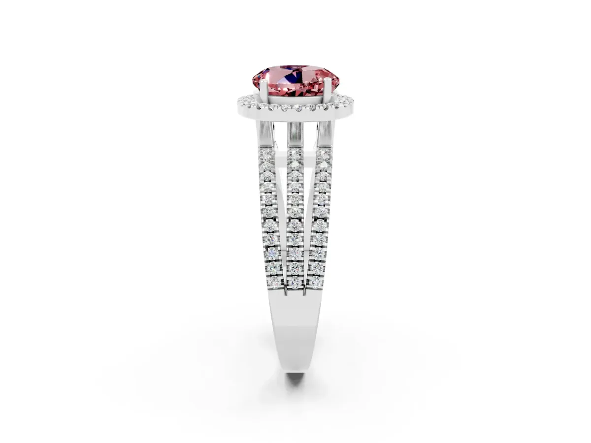 Round Cut Morganite Halo Engagement Ring with Split Shank and Four-Prong Setting Platinum