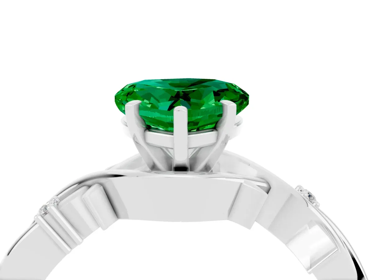 Heart Cut Emerald Solitaire Ring with Twisted Band and Prong Setting Platinum