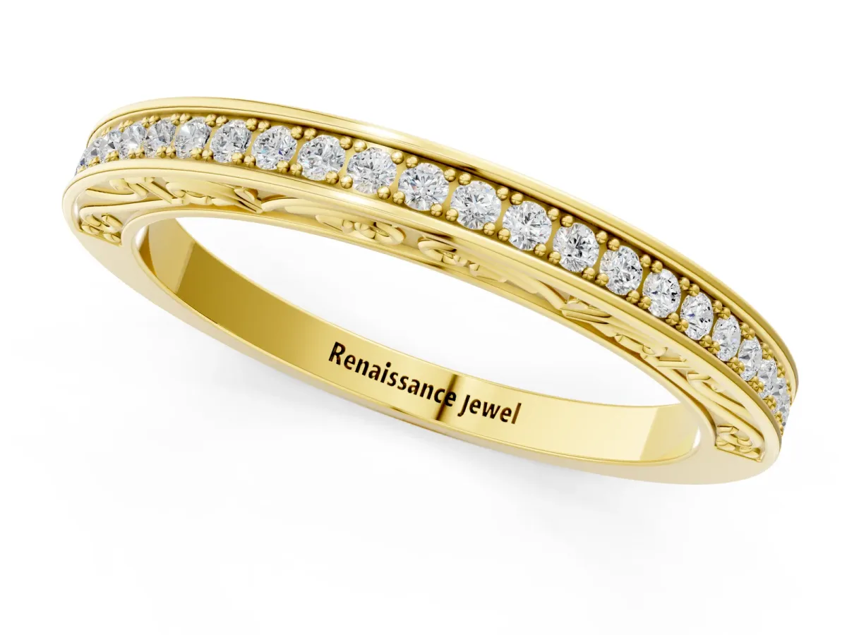 Channel Set Round Diamond Milgrain Engraved Band Yellow gold