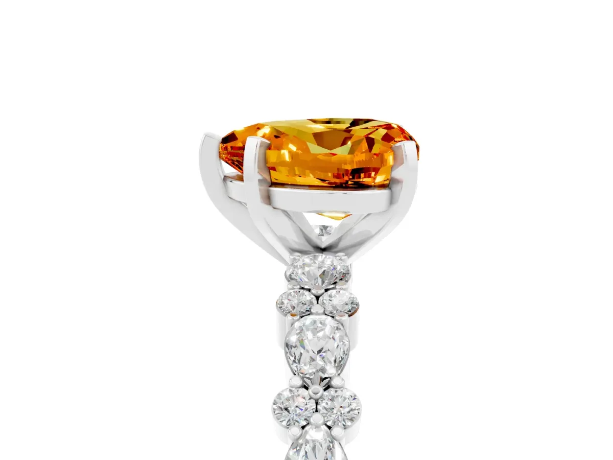 Heart Cut Citrine Side Stone Solitaire Ring with Round and Four-Prong Setting Platinum