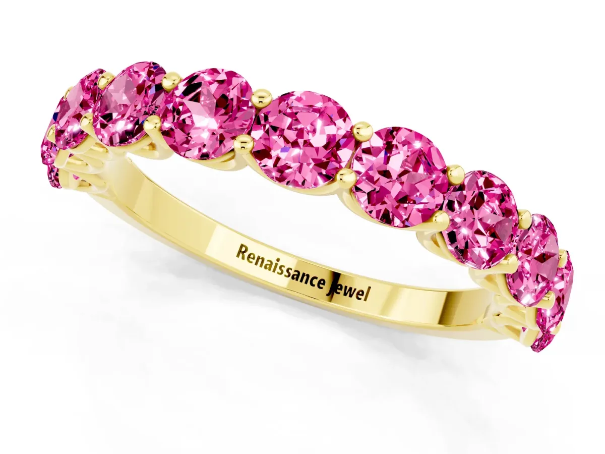 Round Pink Sapphire Shared Prong Eternity Band Yellow gold