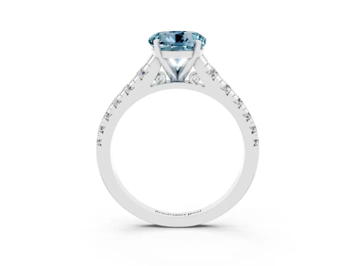 Round Cut Aquamarine Cathedral Solitaire Ring with Round Pavé Band Silver
